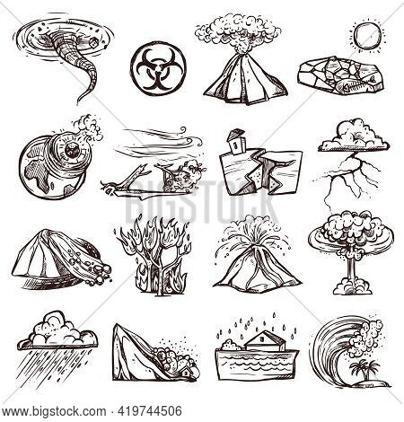 Natural Disasters Earthquake Tsunami Volcanic Tornado And Other Cataclysm Doodle Sketch Hand Drawn I