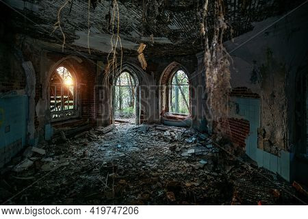 Inside Old Ruined Abandoned Historical Mansion In Gothic Style