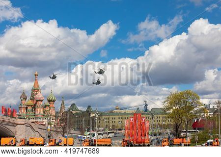 May 7, 2021, Russia, Moscow. The Mi-26 Group Is The Largest Transport Helicopter Over The Red Square