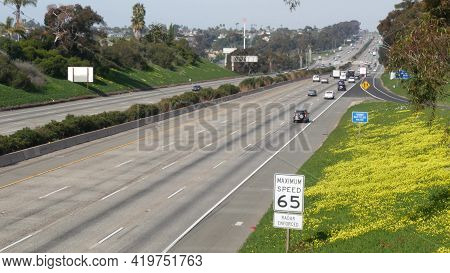 Cars On Interstate Highway 5, Oceanside California Usa. Automobiles On Intercity Freeway. Auto Trans