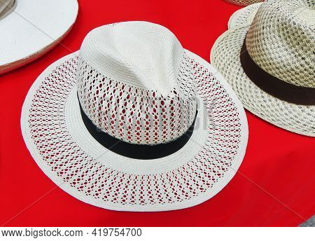 Handmade Panama Hats Or Paja Toquilla Hats Or Sombreros At The Traditional Outdoor Market In Cuenca,