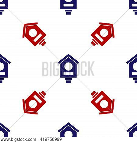 Blue And Red Bird House Icon Isolated Seamless Pattern On White Background. Nesting Box Birdhouse, H