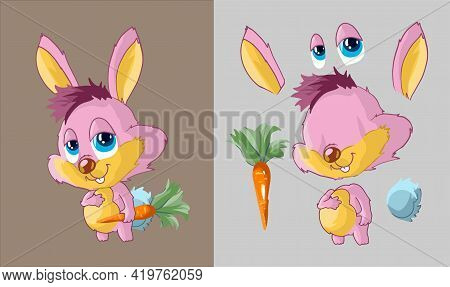 Cute Pink Rabbit With Carrot. Set Of Body Parts. Cartoon Character. Classic Handmate Vector Illustra