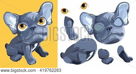 French Bulldog Puppy. Little Cute Dark Gray Dog.cartoon Character. Classic Handmate Vector Illustrat