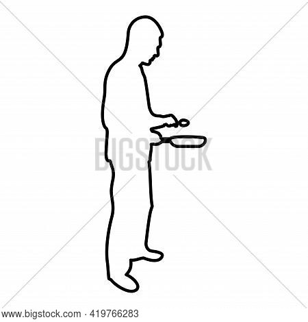 Man Holds Frying Pan Spoon Chef Holding Kitchen Utensil Professional Using Kitchen Staff Concept Dom