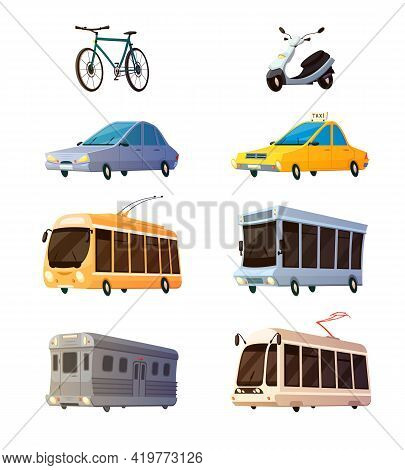 City Transport Retro Cartoon Icons Set Of Bus Tram Trolley Railcar Bicycle Yellow Taxi Flat Images I