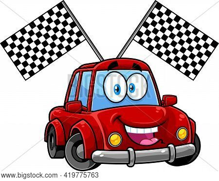 Happy Car Cartoon Character With Race Flags. Raster Hand Drawn Illustration Isolated On Transparent 