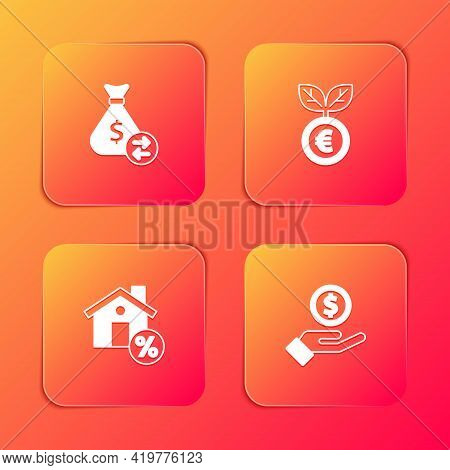 Set Money Bag, Euro Plant, House With Percant Discount And Hand Giving Money Icon. Vector