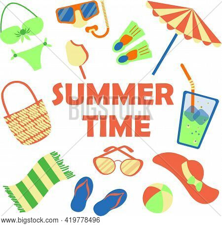 Set Of Summer Things For Beach Colorful