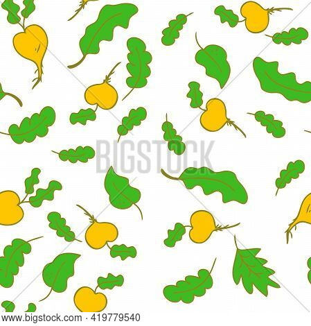 Hand-drawn Doodle Seamless Pattern Of Vegetable Turnip Isolated On A White Background