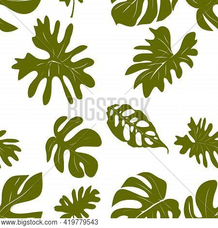 Hand-drawn Seamless Pattern Of Exotic Tropical Leaves