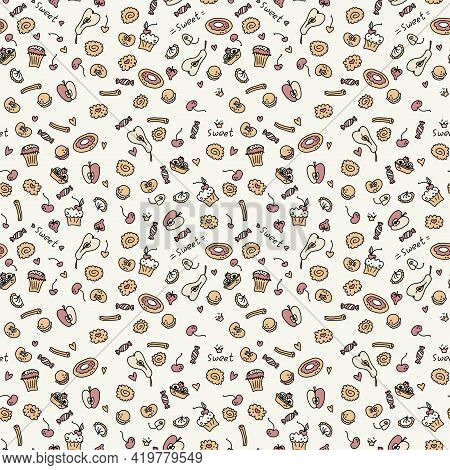 Hand-drawn Doodle Seamless Pattern Of Sweets, Fruits And Cakes