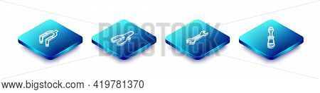 Set Isometric Line Bicycle Fork, Seat, Wrench Spanner And Screwdriver Icon. Vector
