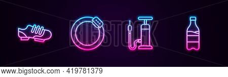 Set Line Bicycle Shoes, Brake Disc, Air Pump And Sport Bottle With Water. Glowing Neon Icon. Vector