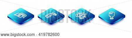 Set Isometric Line Speech Bubble Chat, Air Horn, Gas Mask And Broken Bottle Weapon Icon. Vector