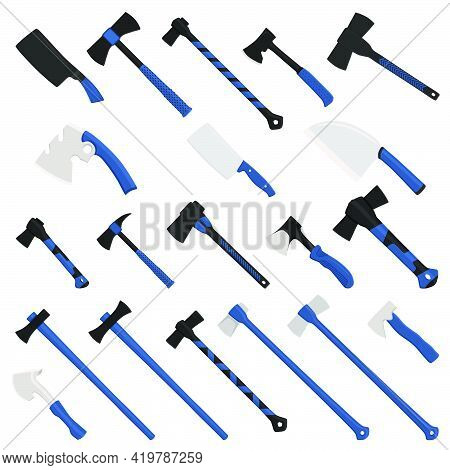 Illustration On Theme Big Kit Steel Axes With Wooden Handle, Metal Ax For Hunting. Pattern Ax Consis