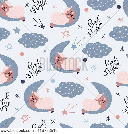 Seamless Pattern With Cute Sheep Is Sleeping On The Moon. Lamb On The Starry Fantatic Sky.vector Goo