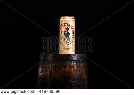 Can Of Birra Moretti Beer On Wooden Barrel With Dark Background. Illustrative Editorial Photo Buchar