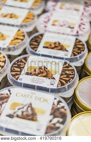 Ice Cream Products Put Up For Sale In A Commercial Refrigerator