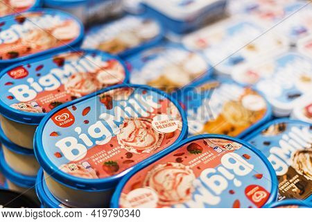 Ice Cream Products Put Up For Sale In A Commercial Refrigerator