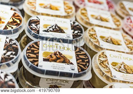 Ice Cream Products Put Up For Sale In A Commercial Refrigerator