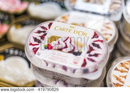 Ice Cream Products Put Up For Sale In A Commercial Refrigerator