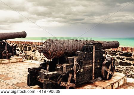 Old Cannon At Sohail Castle In Fuengirola, Near Malaga Spain. Tourist Attraction. Intersting Place T