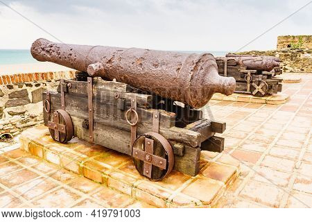 Old Cannon At Sohail Castle In Fuengirola, Near Malaga Spain. Tourist Attraction. Intersting Place T