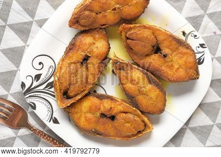 Close Up Of Cooked Ilsha Fish On Plate On Table