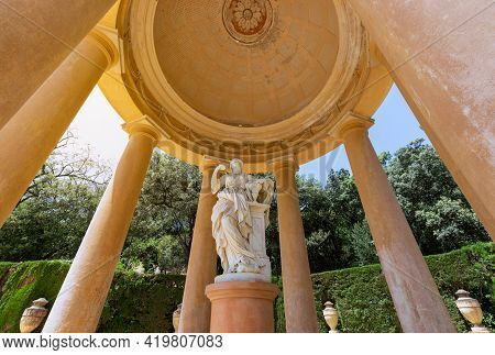 Barcelona - Spain. June 26, 2019: Pavilion With Sculpture In In Park Of The Labyrinth Of Horta (parc