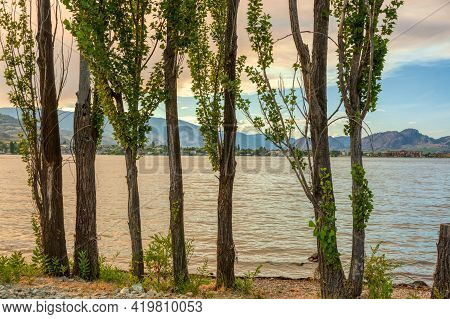 Golden Sunset On Osoyoos Lake. Summer Season In Okanagan Valley