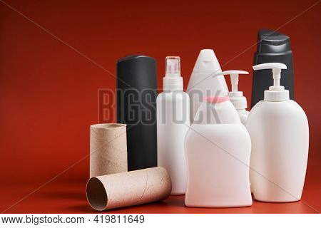 A Set Of Empty Clean Plastic Containers Of Different Shapes From Household Cleaning Products, Shower