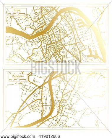 Kufstein and Linz Austria City Map Set in Retro Style in Golden Color. Outline Map.