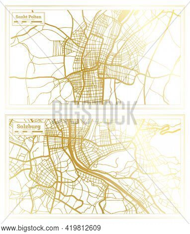 Salzburg and Sankt Polten Austria City Map Set in Retro Style in Golden Color. Outline Map.