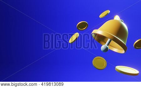 3d Stylized Bell And Coins On Blue Backgroun