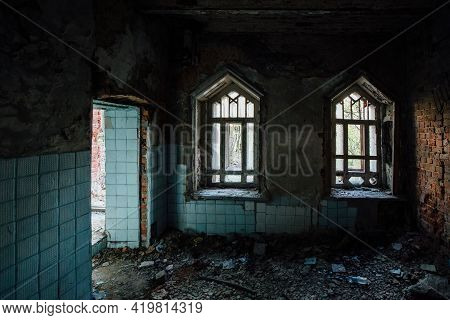 Inside Old Ruined Abandoned Historical Mansion In Gothic Style.