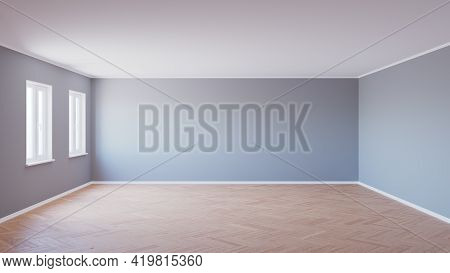 Empty Interior With Parquet Floor, 3d Illustration, 6000x3376