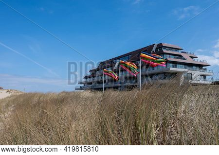 Yellow Sandy Beach In Small Belgian Town Knokke-heist, Luxury Vacation Destination, Summer Holidays