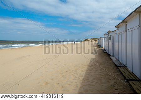 Yellow Sandy Beach In Small Belgian Town Knokke-heist, Luxury Vacation Destination, Summer Holidays