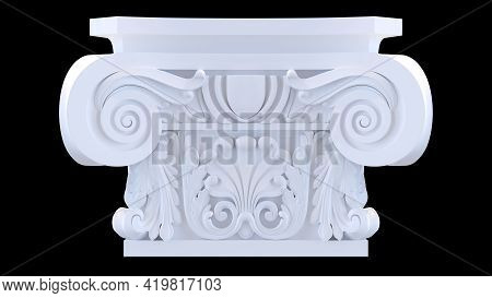 Plaster Decorative Capital On A Black Background, Front View, 3d Render
