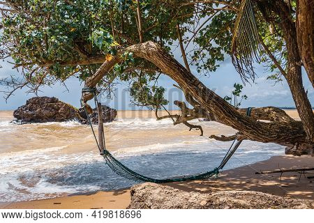 An Abandoned Hammock Hung From A Tree On An Empty Beach In Axim Ghana West Africa.