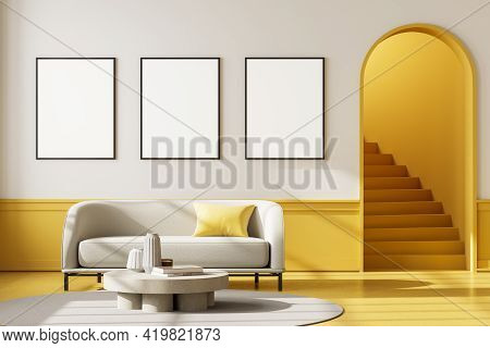 Apartment Interior With White Couch And Coffee Table On Carpet With Yellow Floor. Mockup Blank Wall 