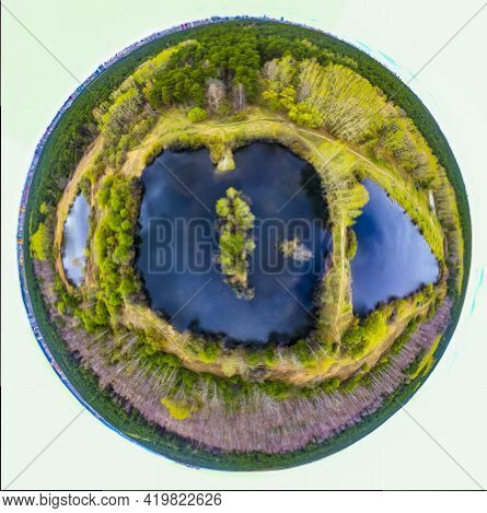Green 360 Little Planet With Trees, White Clouds And Soft Blue Sky. Three Lakes In A Green Forest Ti