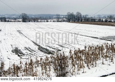 Winter Panorama Of The Jadar River Valley In Western Serbia Near The Town Of Loznica.