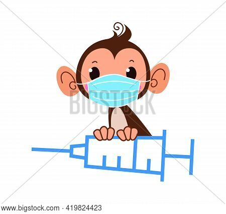 Animal Monkey In A Surgical Protective Mask Holds A Large Syringe With A Vaccine. Healing Mask To Pr