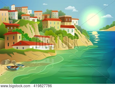 Picturesque Coastal Living Village Cottages On Steep Island Shore Decorative Poster With Fishing Boa