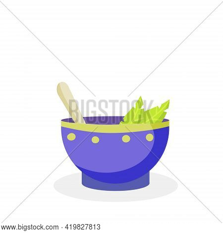 Green Tea Cup. Blue Earthenware. National Ethnic Oriental Drink. Flat Cartoon Illustration With Leav