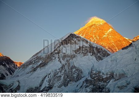 Spectacular Orange Sunset Mount Everest From Kala Patthar Lookout, Nepal.