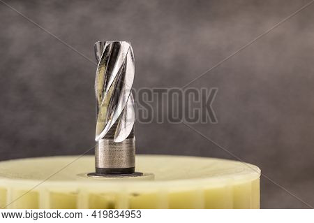 Electric Hammer Drill Bevel Gear Thread Close Up. Mechanism Detail Made Of Steel.