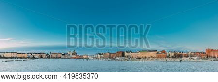 Helsinki, Finland. Panoramic View Of Kanavaranta Street And Uspenski Cathedral And Pohjoisranta Stre